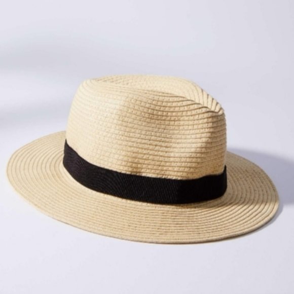 LOFT Accessories - LOFT Packable Ribbon Straw Fedora Hat Navy Blue Band Size Medium/Large New